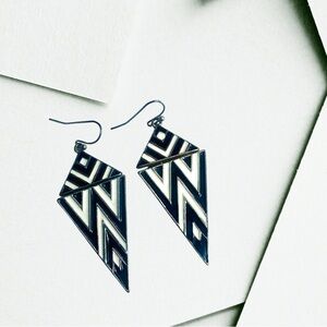 Triangle Black White and Gold Chevron Drop Dangle Chandelier Earrings